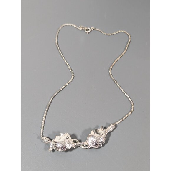 Vintage ART Arthur Pepper Double Leaf Silver Tone Necklace 15" - Picture 3 of 9